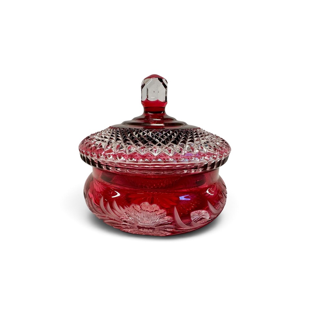 Vintage 1950s Bohemian Red Crystal Hand Cut to Clear Large Lidded Candy Bowl